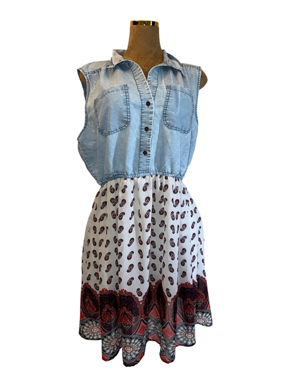 Speed Control Light Blue Chambray & White Paisley Hem Mini Dress